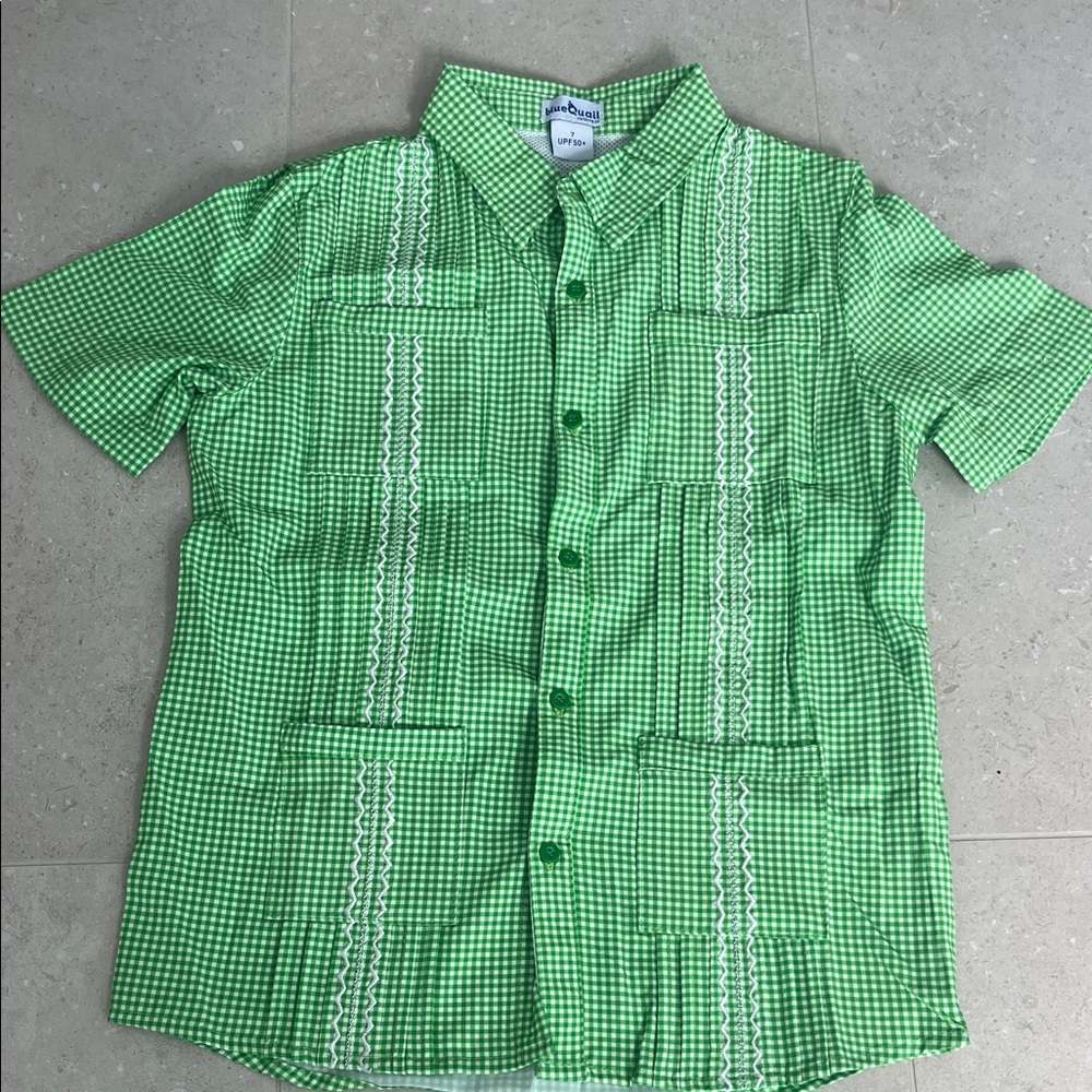 Green Checkered Guayabera Kids Button Down Shirt SPF 50+ blue quail